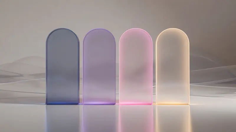 Four glass archways side by side, glowing indigo, violet, pink and amber.