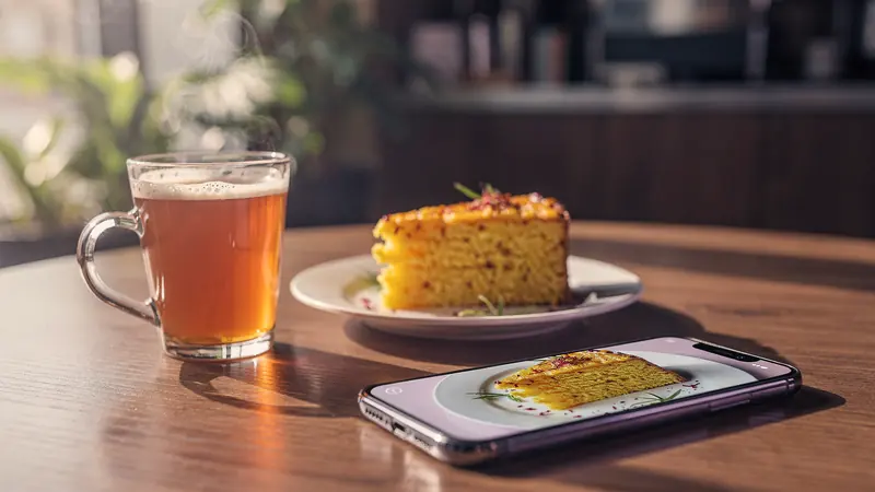 A café table with karak tea, a slice of saffron cake and a phone showing a photo of the dish.